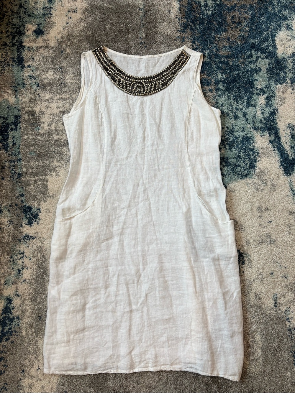 Sleeveless White Linen Shift Dress with Beaded Neckline pockets Made in Italy